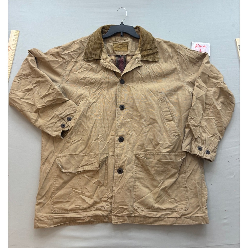 Sonoma Mens XXL Tan Canvas Barn Coat Corduroy Collar Plaid Flannel Lined Jacket